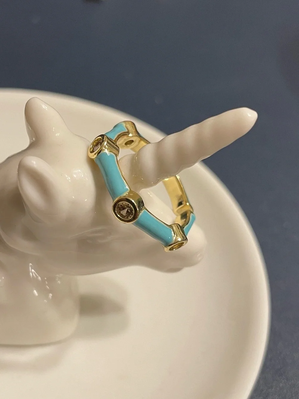 Gold and Turquoise Enamel Bezel CZ Adjustable Ring - Size 7